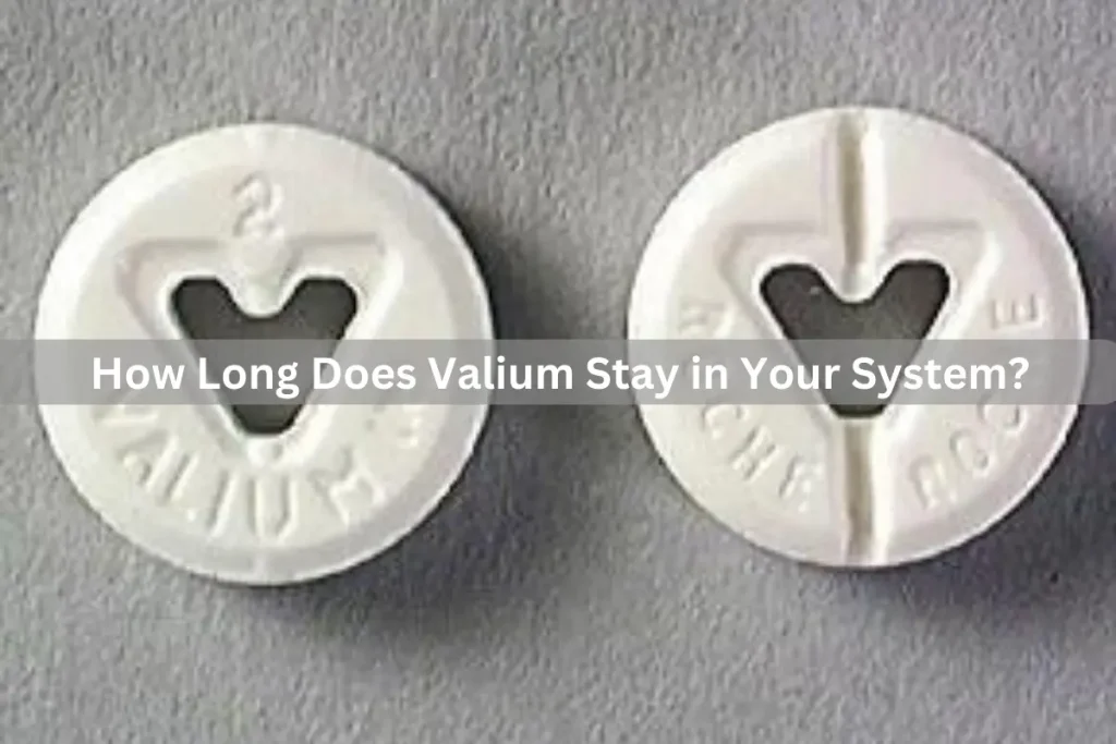 A single Valium pill with text "How Long Does Valium Stay in Your System?" in the background.